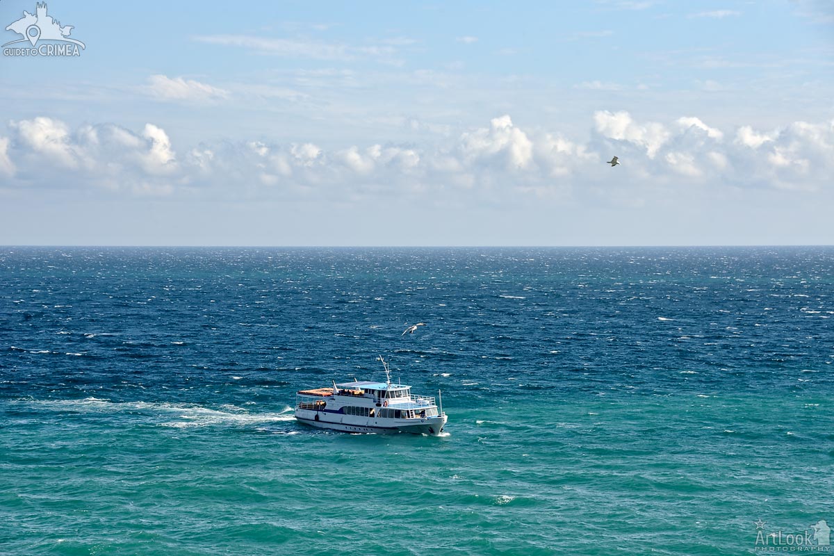 Pleasure Boat and Seagulls in Gurzuf Bay