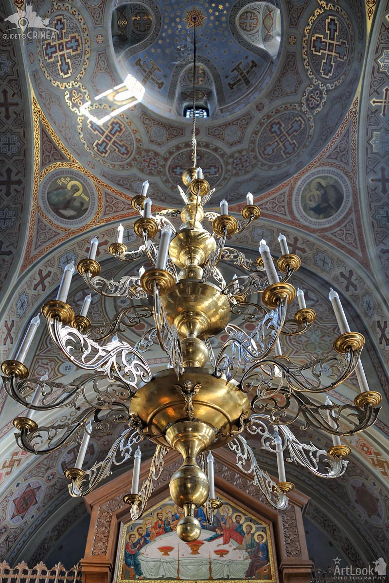 Under Beautiful Chandelier and Dome of Foros Church